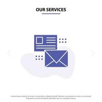 nos services mailing conversation e-mails liste courrier solide glyphe icône modèle de carte web vecteur