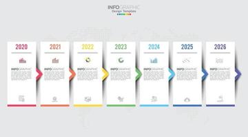 le vecteur infographique de la chronologie avec 7 étapes peut être utilisé pour le flux de travail, la mise en page, le diagramme, le rapport annuel, la conception Web.