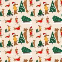 modèle sans couture avec chiens teckels et arbres de noël illustration vectorielle vecteur