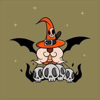 gnome vectoriel halloween en chapeau avec aile de chauve-souris et crânes qui émettent un feu ardent. La charité s'il-vous-plaît. isolé sur fond de couleur