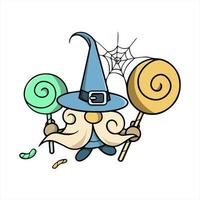 gnome vectoriel halloween en chapeau avec toile d'araignée, barbe et bonbons. La charité s'il-vous-plaît. isolé sur fond blanc