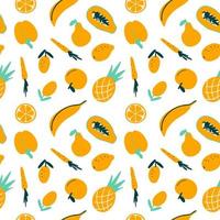 fruits et légumes abstraits modèle sans couture nourriture végétarienne fond moderne mignon. ananas frais doodle drôle, pomme, papaye en tranches, banan, poire, carotte, citron, pêche, illustration vectorielle de poivre vecteur