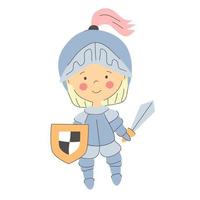 mignon petit chevalier. garçon blond kawaii en armure. grande conception à toutes fins. joyeux anniversaire, fête, impression, couverture. enfant dans un casque à visière avec bouclier et épée. illustration vectorielle de griffonnage. vecteur