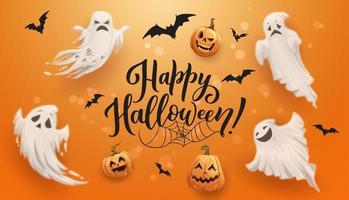 affiche de vacances d'halloween avec des fantômes et des citrouilles vecteur