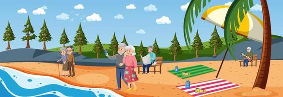 scène de plage avec des personnes âgées en vacances vecteur