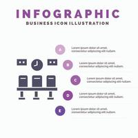 sièges train transport horloge solide icône infographie 5 étapes présentation fond vecteur