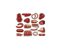 croquis de viande fraîche et de saucisses pour la conception de produits alimentaires vecteur