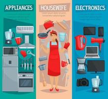 bannière femme au foyer, appareils électroménagers et ustensiles de cuisine vecteur