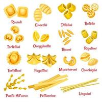 type de pâtes avec affiche de nom de macaronis italiens vecteur