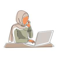 femme musulmane en hijab utilise un ordinateur portable et parle au téléphone illustration vectorielle de doublure minimaliste.femme d'affaires arabe travaillant sur un ordinateur à la maison ou au bureau.concept de travail d'éducation ou de bureau. vecteur