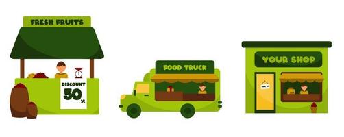 kiosque, camion de nourriture et ensemble d'illustrations vectorielles plates de magasin. adapté au web, à l'affiche, à la conception de bannières pour l'entreprise