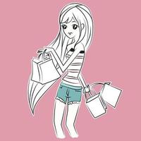 vecteur de shopping dessin animé fille mignonne heureuse