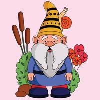 un gnome mignon et son adorable snell sur son chapeau avec illustration vectorielle de fond de décoration florale vecteur