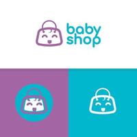 vecteur de modèle d'inspiration de conception de logo de boutique de bébé simple, icône de bébé de sourire combinée avec le symbole de sac à provisions