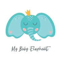 imprimé bébé éléphant pour les vêtements pour enfants. joli visage d'éléphant avec couronne. élément de douche de bébé. fête d'anniversaire pour enfants, invitation. tête d'animal de safari. conception d'art de pépinière. illustration vectorielle dessinés à la main. vecteur