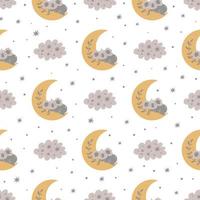 ours koala endormi sur la lune. modèle sans couture de bébé en animal mignon scandinave. koala mignon, nuage, concept de rêve. linge de lit gris mignon pour enfants, papier peint, papier d'emballage textile. illustration vectorielle. vecteur