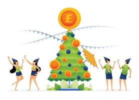 illustration de personnes faisant la fête sur la plage avec un sapin de noël décoré de lampes et de pièces de monnaie. conçu pour le site Web, la page de destination, le dépliant, la bannière, les applications, la brochure, la startup media company vecteur