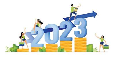 illustration de personnes célébrant la nouvelle année 2022 à 2023 dans l'espoir d'atteindre des objectifs d'investissement. conçu pour le site Web, la page de destination, le dépliant, la bannière, les applications, la brochure, la startup media company vecteur