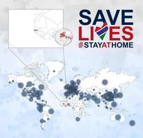 carte du monde avec des cas de coronavirus axés sur la gambie, maladie covid-19 en gambie. le slogan sauve des vies avec le drapeau de la gambie. vecteur