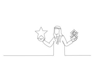 dessin d'homme d'affaires arabe tenant comparant la qualité des étoiles. métaphore de la qualité par rapport à la quantité. art de style une ligne vecteur