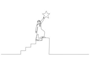 le dessin d'un homme d'affaires arabe monte l'escalier jusqu'au sommet pour atteindre la précieuse récompense de l'étoile. notion d'accomplissement. art de style une ligne vecteur