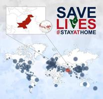 carte du monde avec des cas de coronavirus axés sur le pakistan, maladie covid-19 au pakistan. le slogan sauve des vies avec le drapeau du pakistan. vecteur