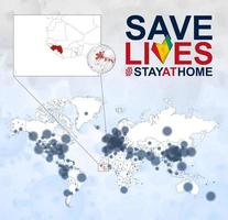 carte du monde avec des cas de coronavirus axés sur la guinée, maladie covid-19 en guinée. le slogan sauve des vies avec le drapeau de la guinée. vecteur