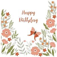 carte d'anniversaire avec fleurs et papillon. graphiques vectoriels. vecteur