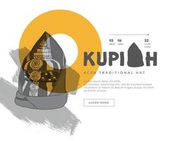 affiche jaune du chapeau traditionnel acehnais appelé kupiah illustration dessinée à la main culture indonésienne vecteur