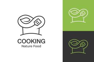 nature chef cuisine logo design ligne style vecteur symbole icône design avec capuchon, feuille et éléments de conception de spatule pour des aliments sains, légumes, végétariens