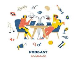 bannière de vecteur de concept de podcast. podcasteurs enregistrant une émission de podcast en studio. différentes icônes thématiques.