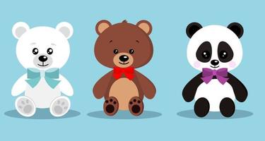 ensemble d'ours en peluche de vacances mignons et élégants isolés avec noeud papillon en position assise ours brun, ours polaire, panda sur fond bleu, illustration de personnage de dessin animé de clip vectoriel dans un style plat.