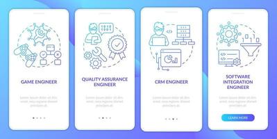 l'ingénieur logiciel chemine l'écran de l'application mobile d'intégration en dégradé bleu. instructions graphiques en 4 étapes avec des concepts linéaires. ui, ux, modèle d'interface graphique. vecteur