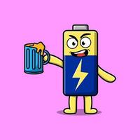 personnage de mascotte de dessin animé de batterie avec verre à bière vecteur