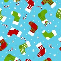 bas de noël, cannes de bonbon et flocons de neige blancs sur le modèle sans couture de fond bleu. chaussettes de cadeau de Noël de vecteur. illustration vectorielle plane. vecteur