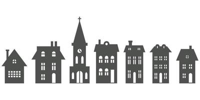 silhouette de cottages et église dans le quartier. ensemble de maisons sur rue de banlieue. gîtes de campagne. illustration vectorielle de glyphe. vecteur