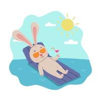 lapin de dessin animé nage sur un matelas en caoutchouc et boit un cocktail dans la mer. illustration saisonnière de vecteur plat