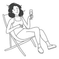 illustration de contour fille relaxante sur la plage avec un cocktail vecteur