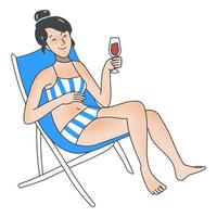 illustration fille se détendre sur la plage avec un cocktail vecteur