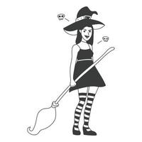 illustration de contour fille dans un costume de sorcière pour halloween vecteur