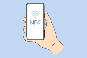 personne tenant un smartphone avec nfc à l'écran. technologie de communication en champ proche sur téléphone mobile. paiement nfc avec téléphone portable. illustration vectorielle plane. vecteur