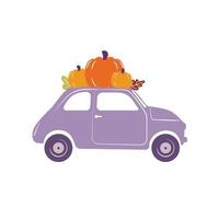 illustration de voiture vintage avec de petites citrouilles d'halloween sur le toit. citation d'action de grâces d'automne sur fond blanc. vecteur