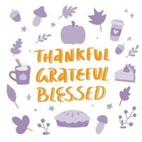 signe béni reconnaissant reconnaissant avec des éléments d'automne. citation de thanksgiving de vecteur sur fond blanc.