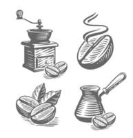 grains de café, moulin à café avec dessin cezve. vecteur