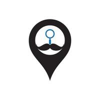modèle de conception de logo de concept de forme de broche de carte de moustache de recherche. moustache et loupe pour un logo d'espion détective. vecteur