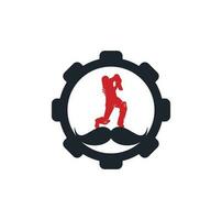 conception de logo vectoriel de concept de forme d'engrenage de cricket fort. conception d'icône vectorielle de moustache et de joueur de cricket.