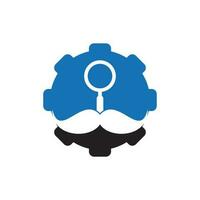 modèle de conception de logo de concept de forme d'engrenage de moustache de recherche. moustache et loupe pour un logo d'espion détective. vecteur