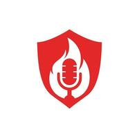 modèle de conception de logo de podcast de feu. flamme feu podcast mic logo icône illustration vectorielle. vecteur