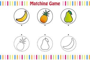 jeu d'association pour les enfants, trouver et faire correspondre le bon contour des fruits, feuille de travail imprimable de jeu éducatif pour enfants, style de dessin animé d'illustration vectorielle vecteur