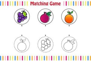 jeu d'association pour les enfants, trouver et faire correspondre le bon contour des fruits, feuille de travail imprimable de jeu éducatif pour enfants, style de dessin animé d'illustration vectorielle vecteur
